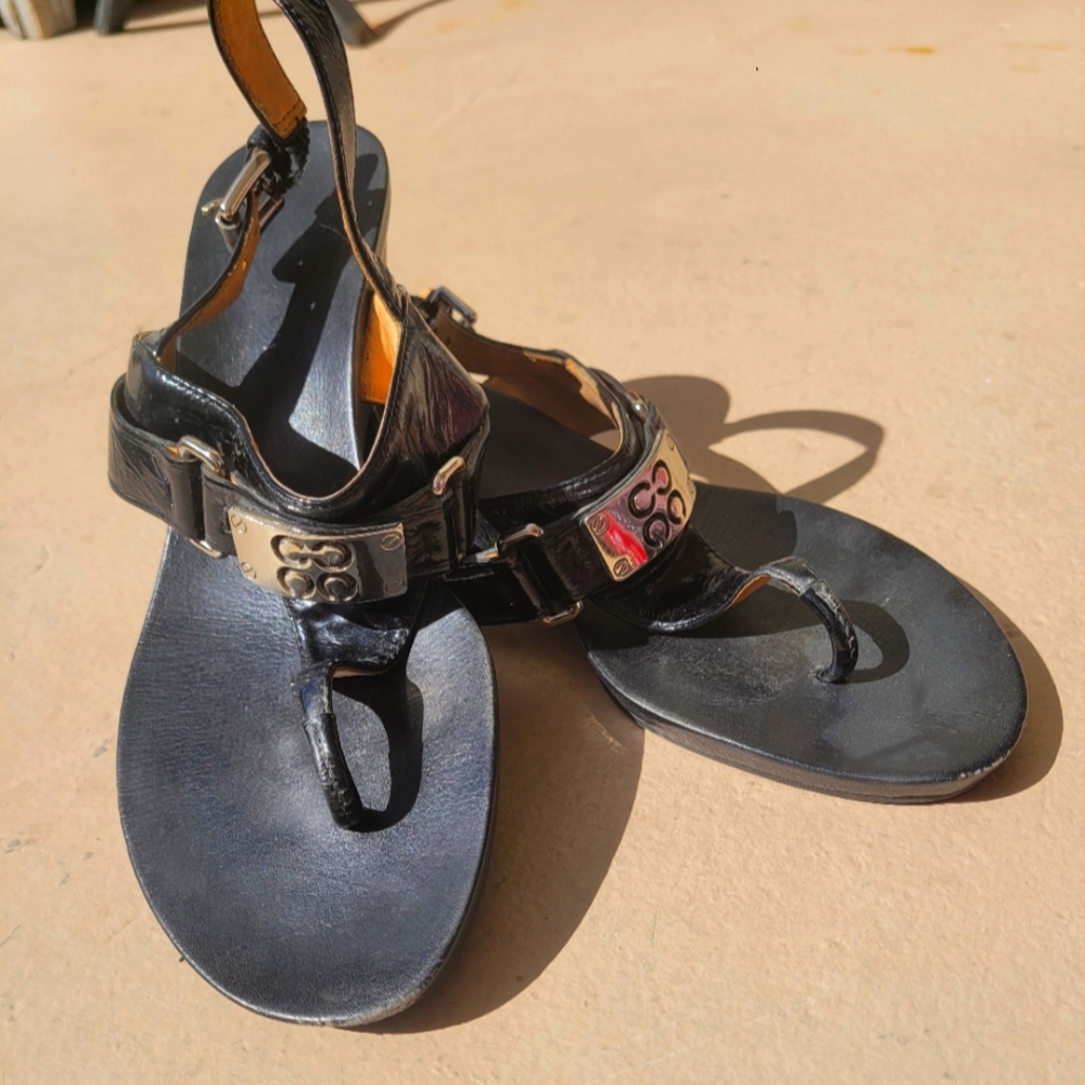 Women's Black Leather Coach Sandals, Size 7.5. Silver Detail.